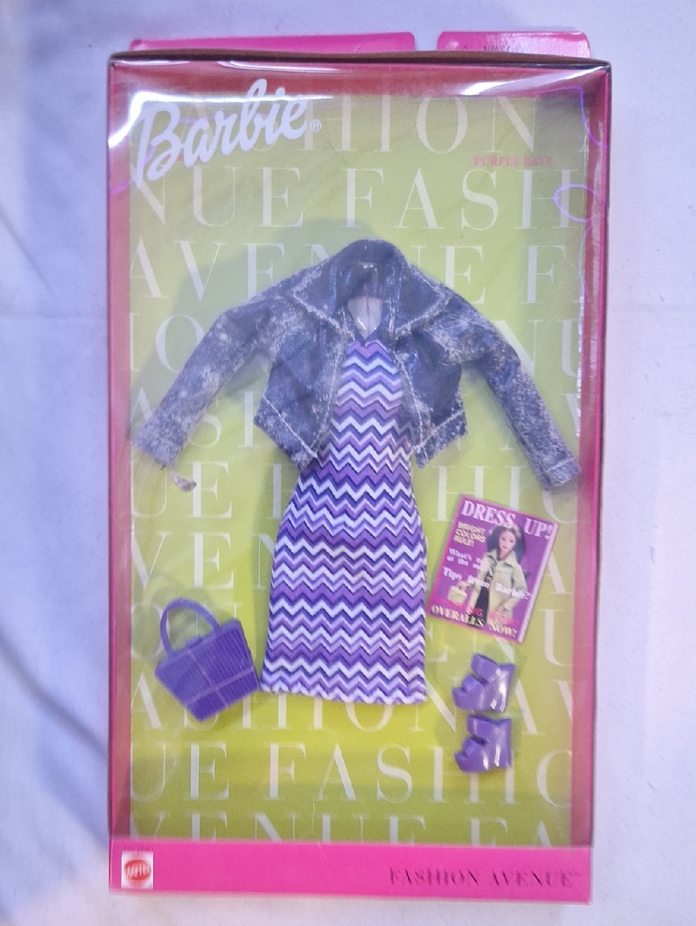 Vintage Barbie Purple Chevron Dress with Denim Jacket and Purple Accessories